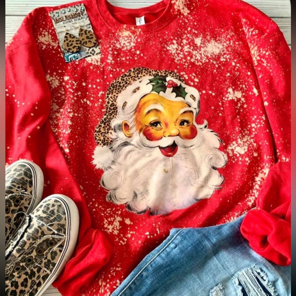 Size Small Bleached Leopard Vintage Santa Sweatshirt Cotton-Polyester